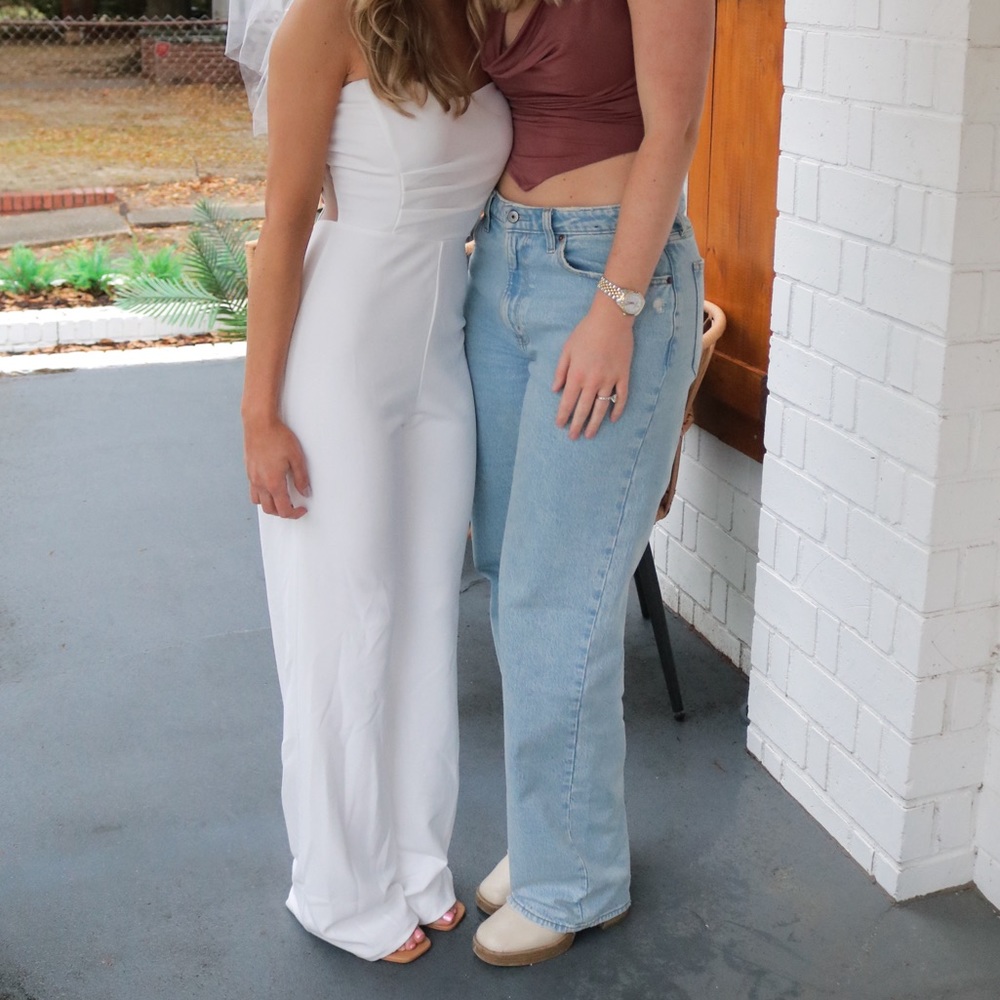 Fashionista Nights Ivory Strapless Bustier Wide-Leg Jumpsuit
